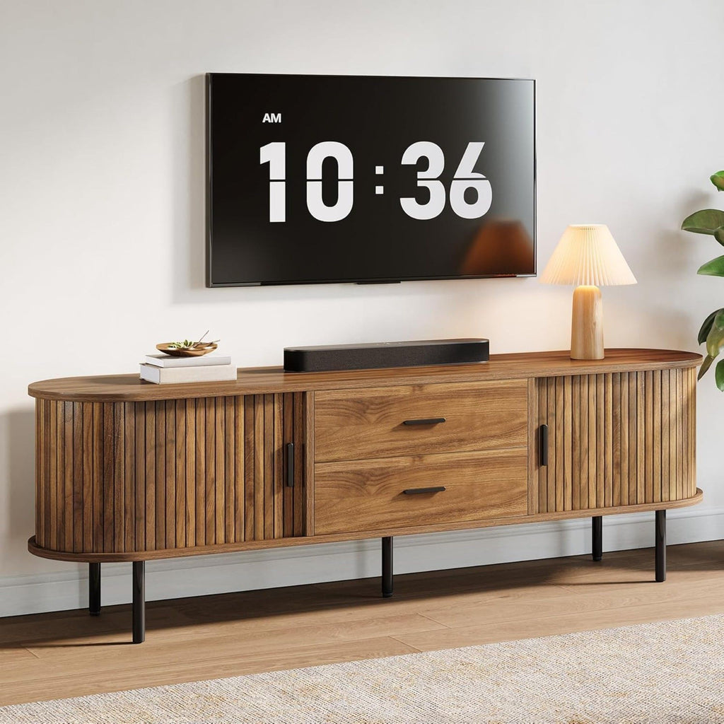 Fluted TV Stand With Tambour Sliding Doors - Walnut