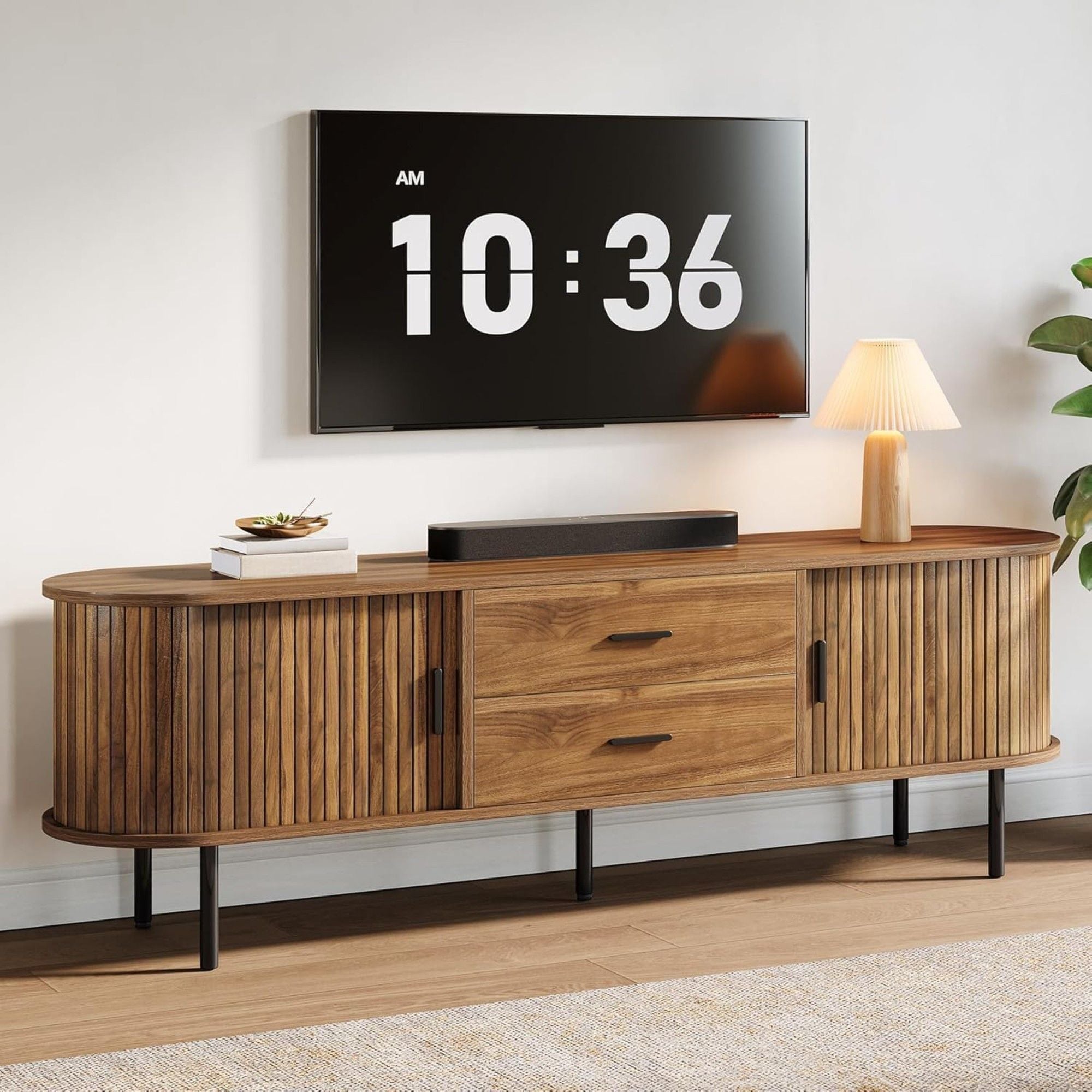 Fluted TV Stand With Tambour Sliding Doors - Walnut