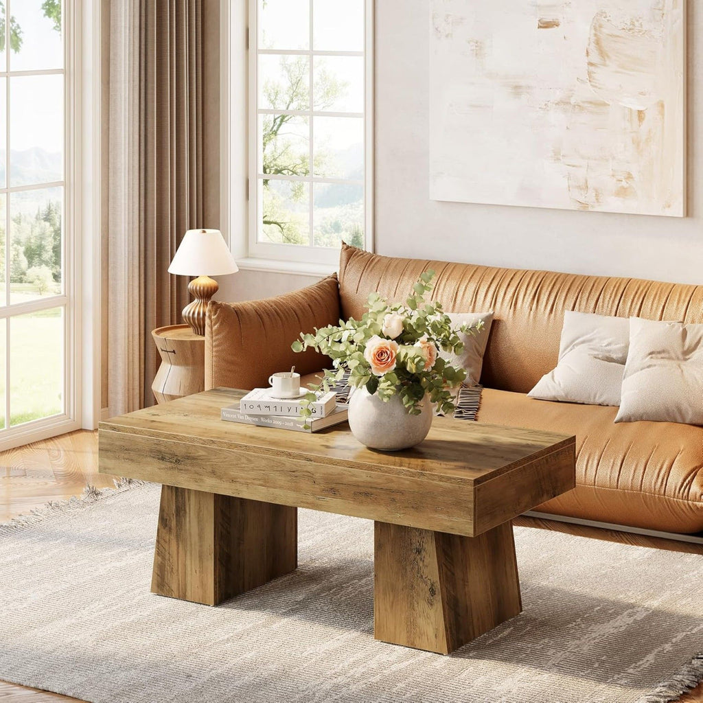 Rectangular Accent Coffee Table With Thick Base, Low Cocktail Tea Furniture For Living Room - Rustic Brown