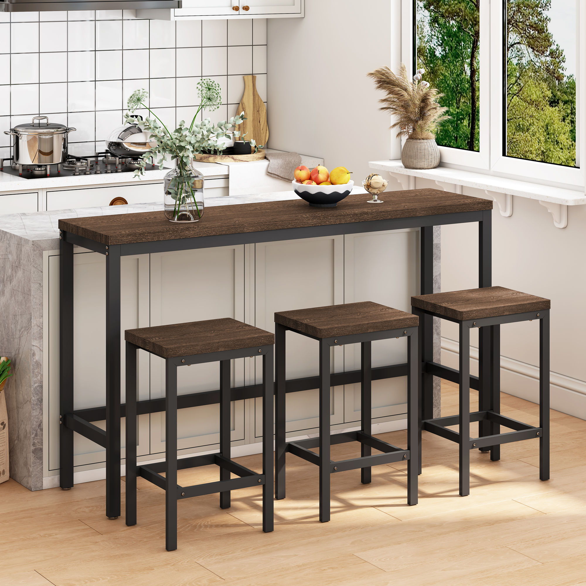 Modern Design Long Dining Table Set With 3 Stools