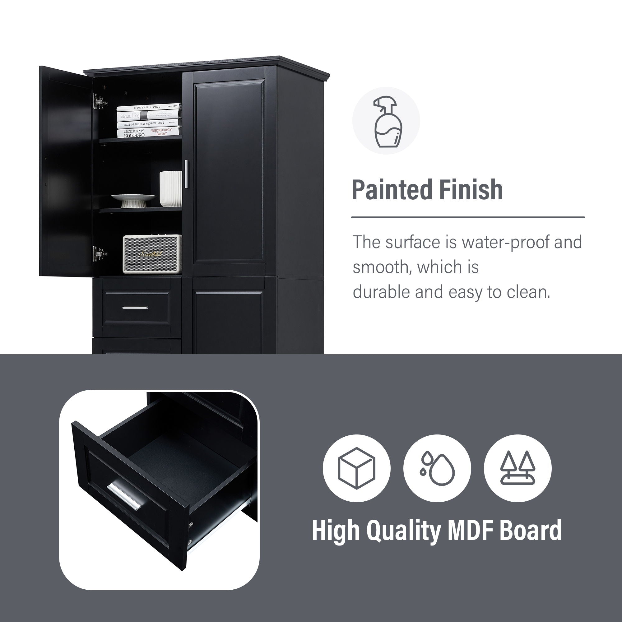 Tall And Wide Storage Cabinet With Doors, 3 Drawers