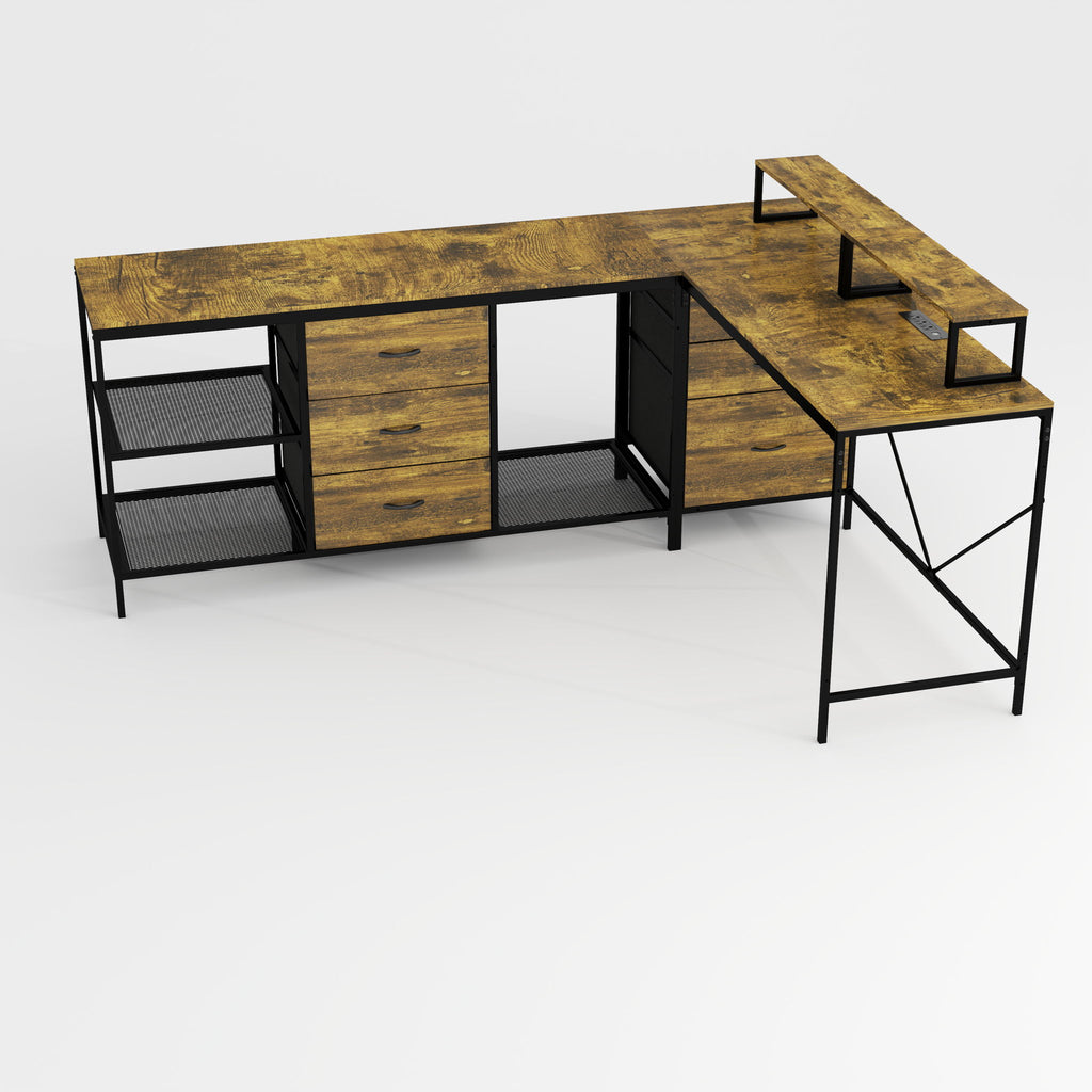 Industrial L Shaped Computer Desk With Power Outlets & USB-C, 6 Fabric Drawers, 3 Open Shelves, Movable Monitor Stands - Brown