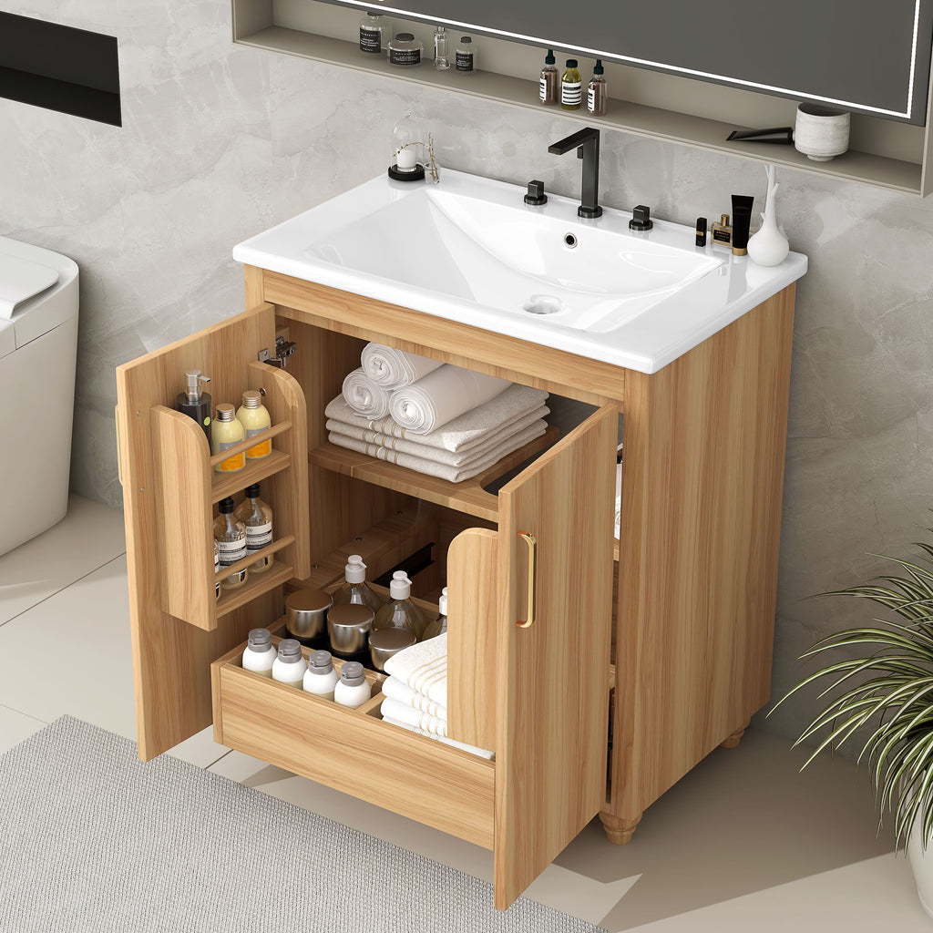 30" Bathroom Vanity With Sink, Cabinet With Doors And Drawer, Rectangular Shape - Natural