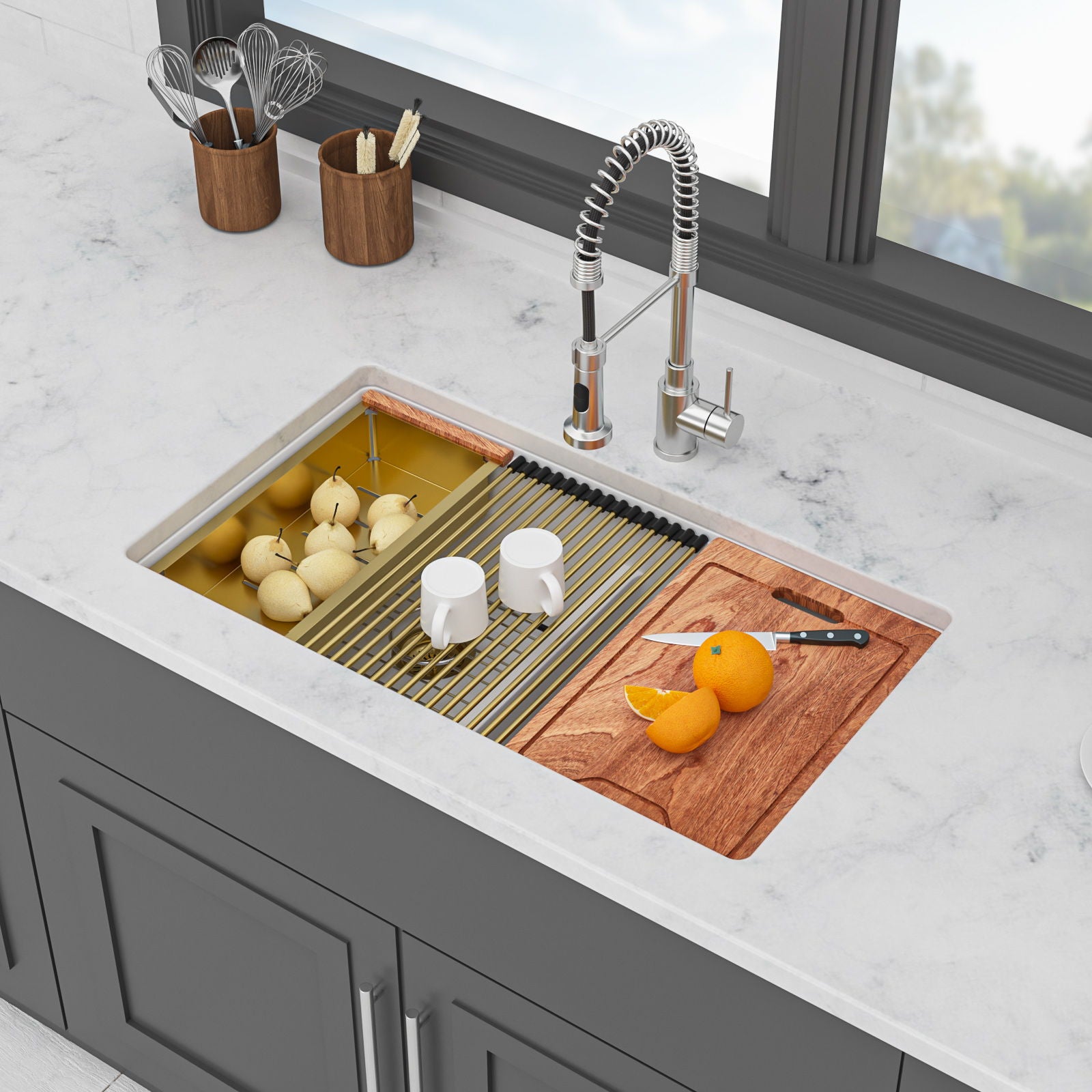 Quartz Kitchen Sink, Double Bowl Undermount Workstation
