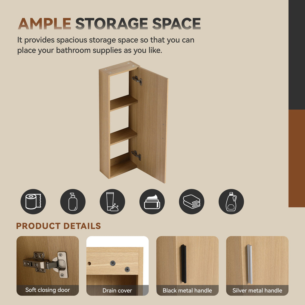 Freestanding Bathroom Vanity Set With Tall Side Cabinet, 3 Drawers And 3 Door Cabinet, Integrated Sink, Large Storage - Glossy White / Light Oak
