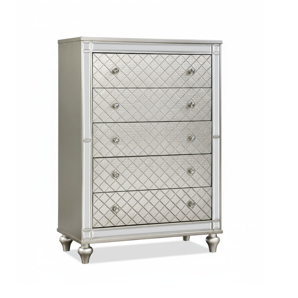 5 Drawer Bedroom Chest With Diamond Patterned Fronts - Silver