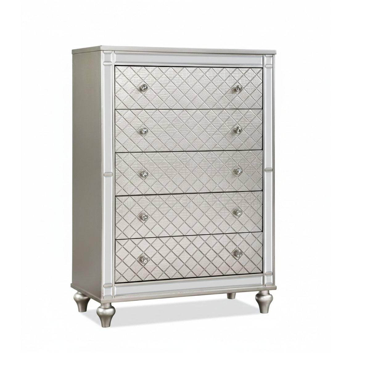 5 Drawer Bedroom Chest With Diamond Patterned Fronts - Silver