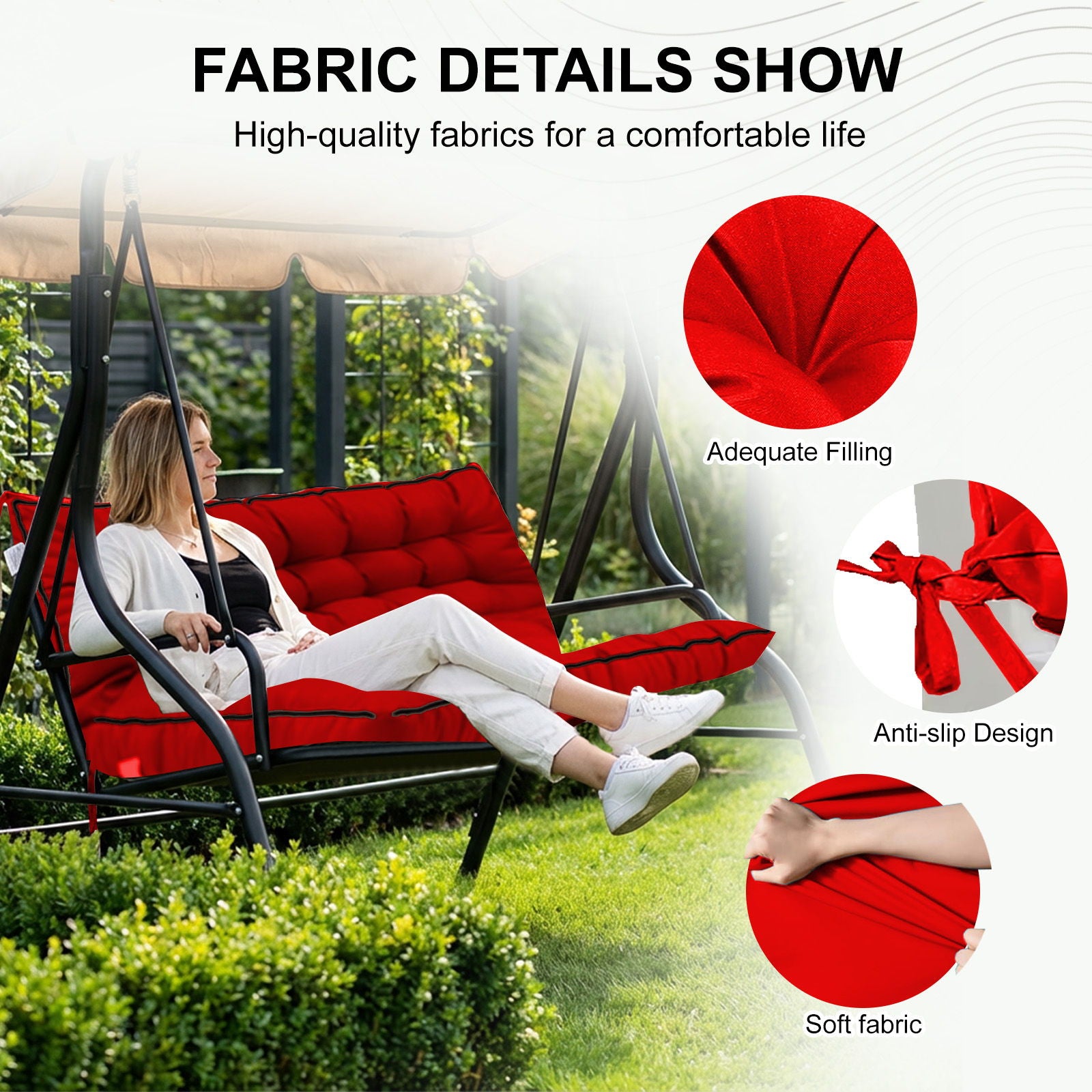 3 Seater Outdoor Porch Swing Cushion With Backrest, Waterproof