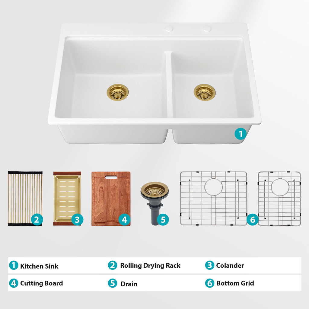 Quartz Kitchen Sink, Double Bowl Undermount Workstation