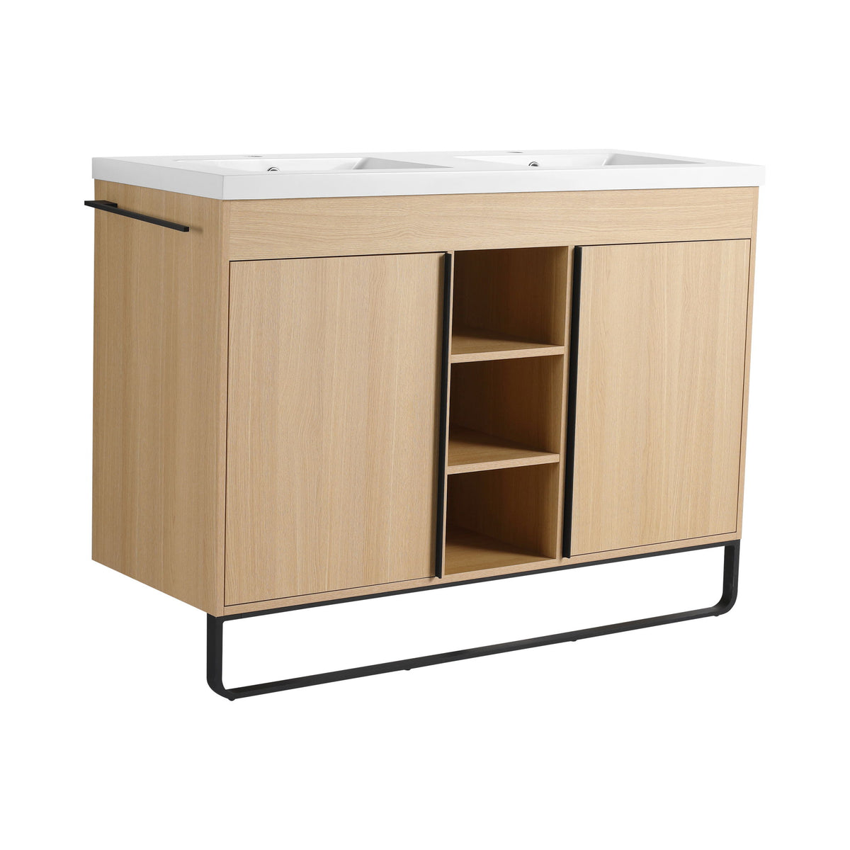 48" Freestanding Bathroom Vanity With Double Sink, 2 Soft Close Doors & 3 Open Shelves - Oak