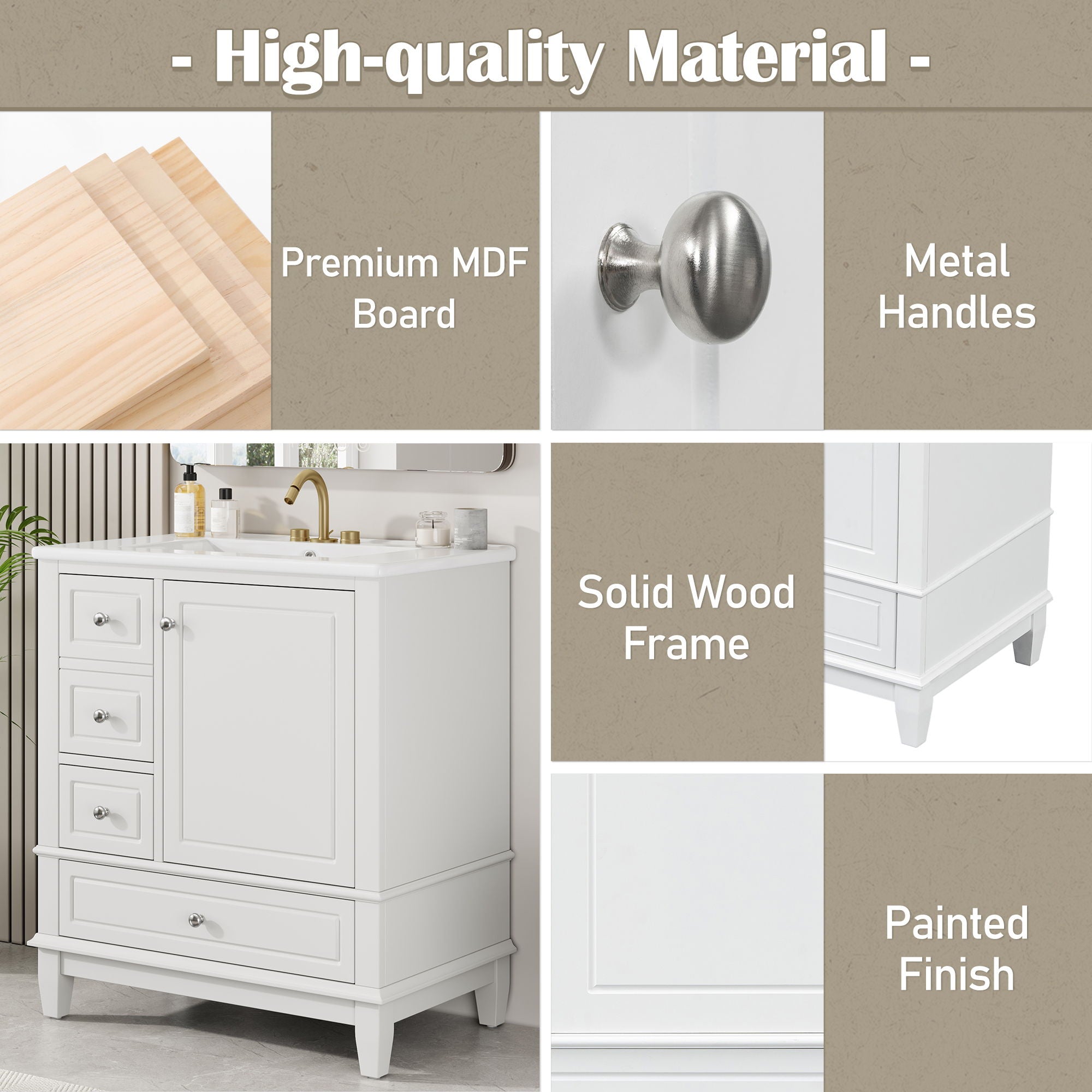 Freestanding Bathroom Vanity With Sink, Soft Close Door, 3 Drawers