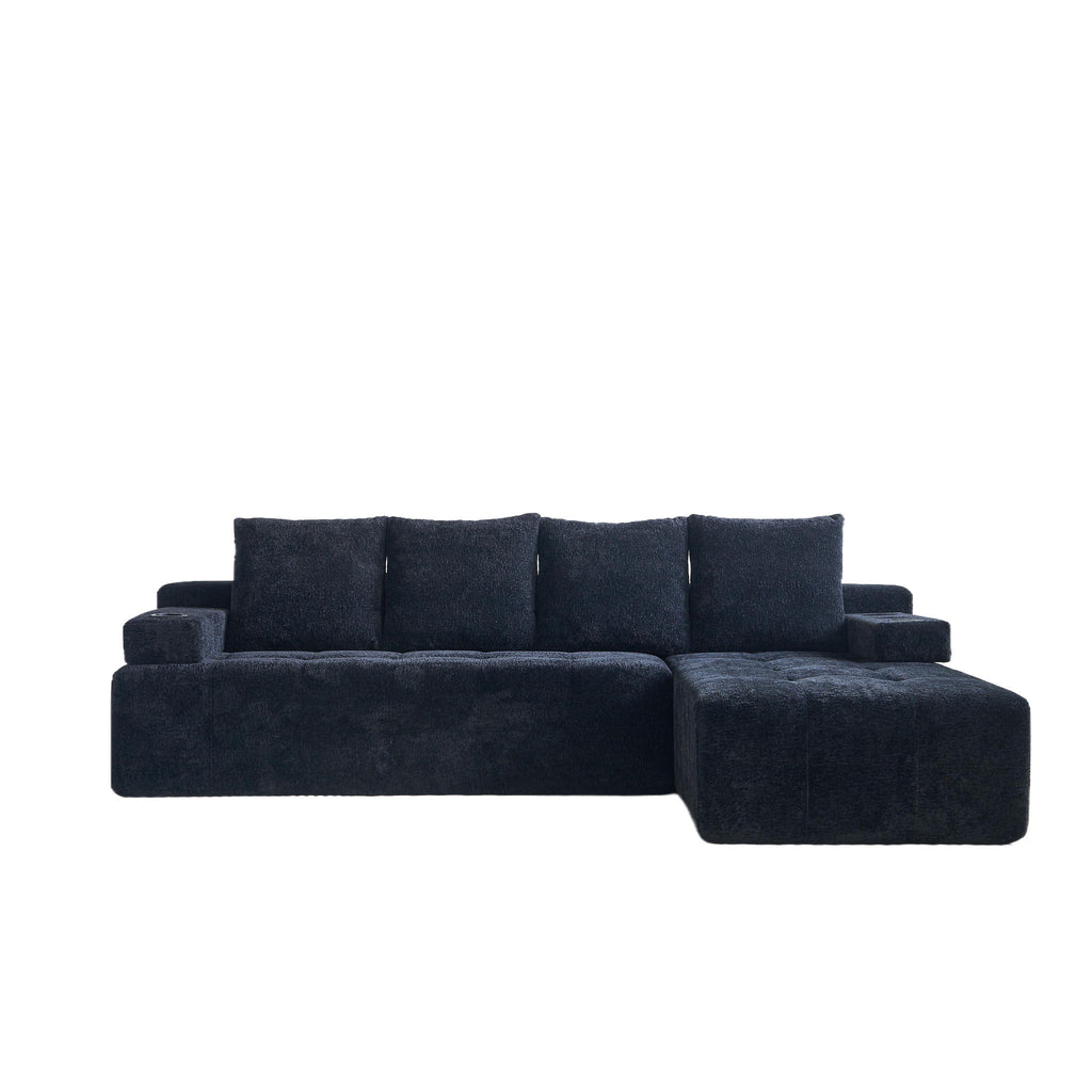 L - Shaped Sectional Sofa With Side Pockets, Wireless Charging, USB Ports, Cup Holder, Bluetooth Speaker, Reversible Lounge Chaise - Black