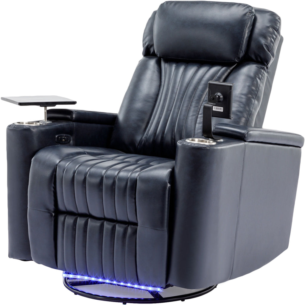 270° Power Swivel Recliner Home Theater Chair With Hidden Arm Storage, LED Light, Cup Holder, And Tray Table