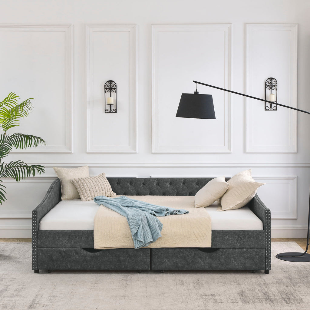 Queen Size Upholstered Daybed With Tufted Back And Nail Trimmed Waved Arms - Gray