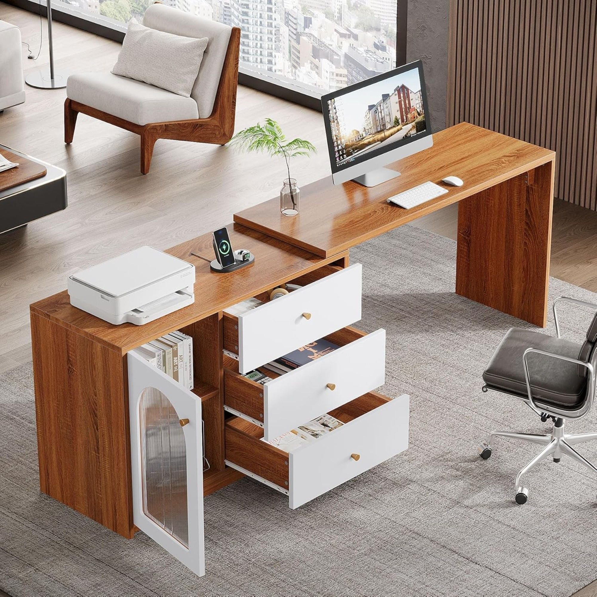 L - Shaped Computer Desk With Drawers, Reversible Corner Workstation For Home Office - Brown / White