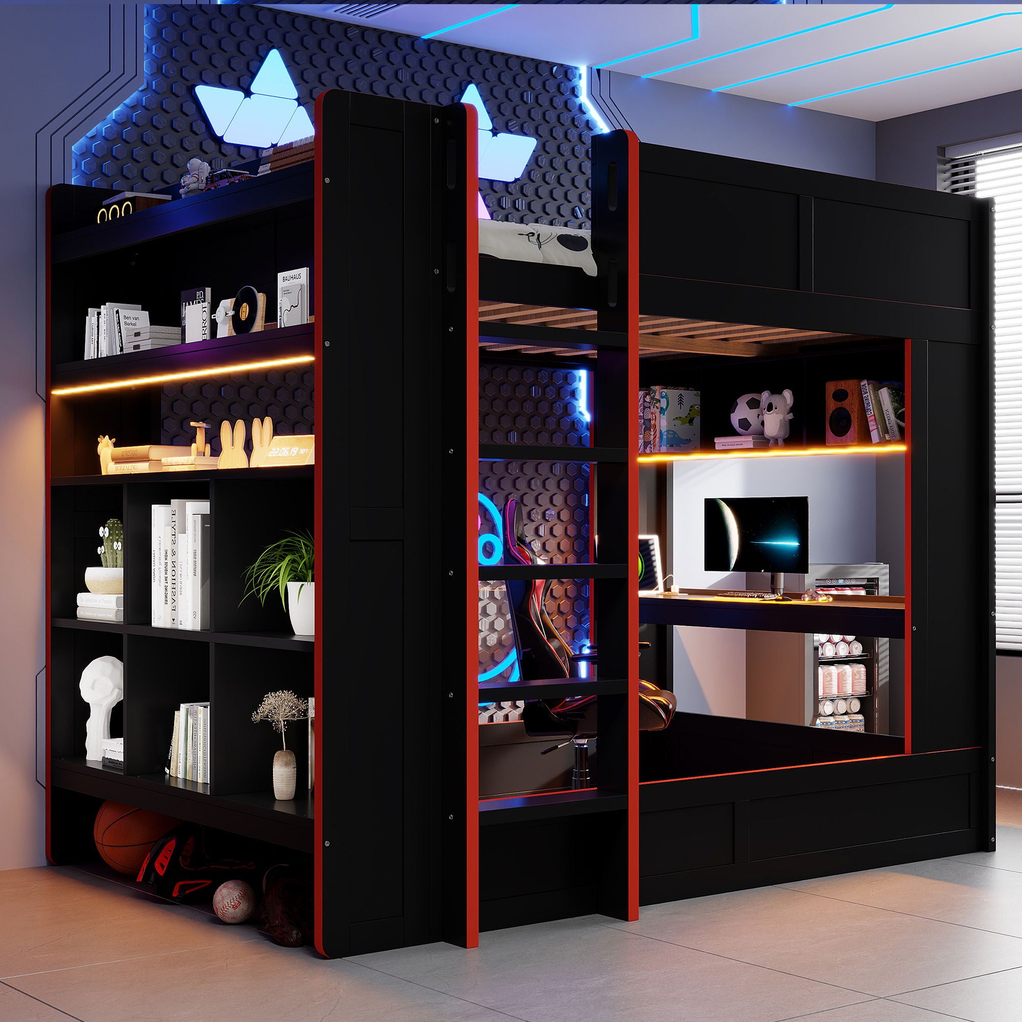 Full Size Gaming Bunk Bed With Desk, Storage Shelves, LED And Charging Station - Black