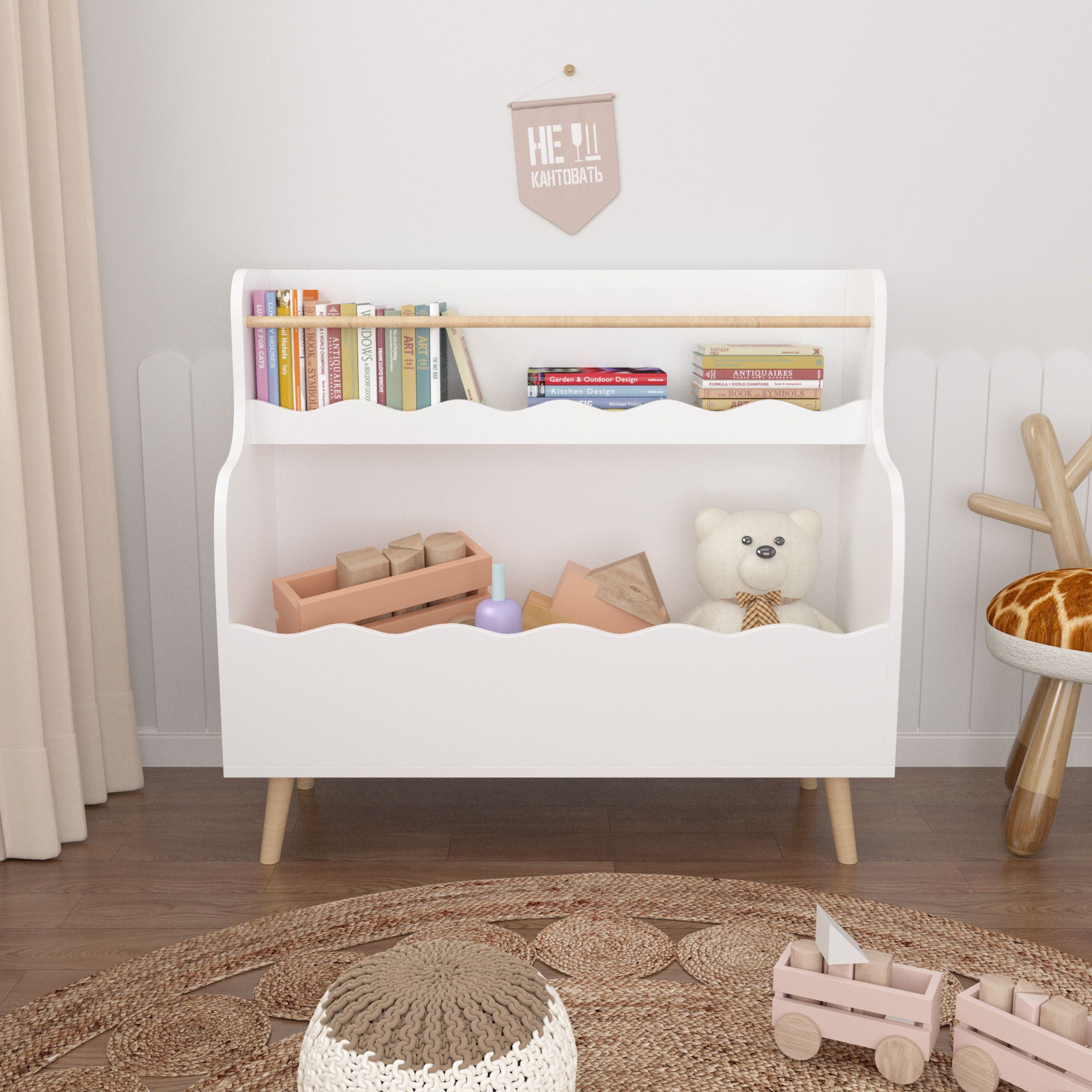 Kids Bookcase, Children Book Organizer Toy Storage Cabinet - White