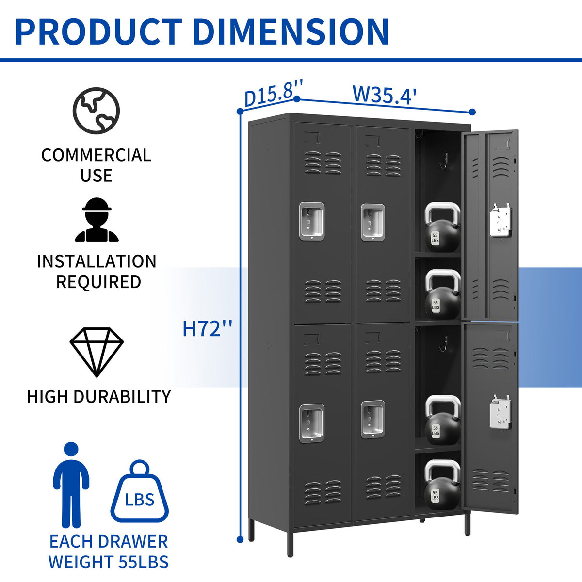 6 Door Lockers With Lock For Secure Storage - Black