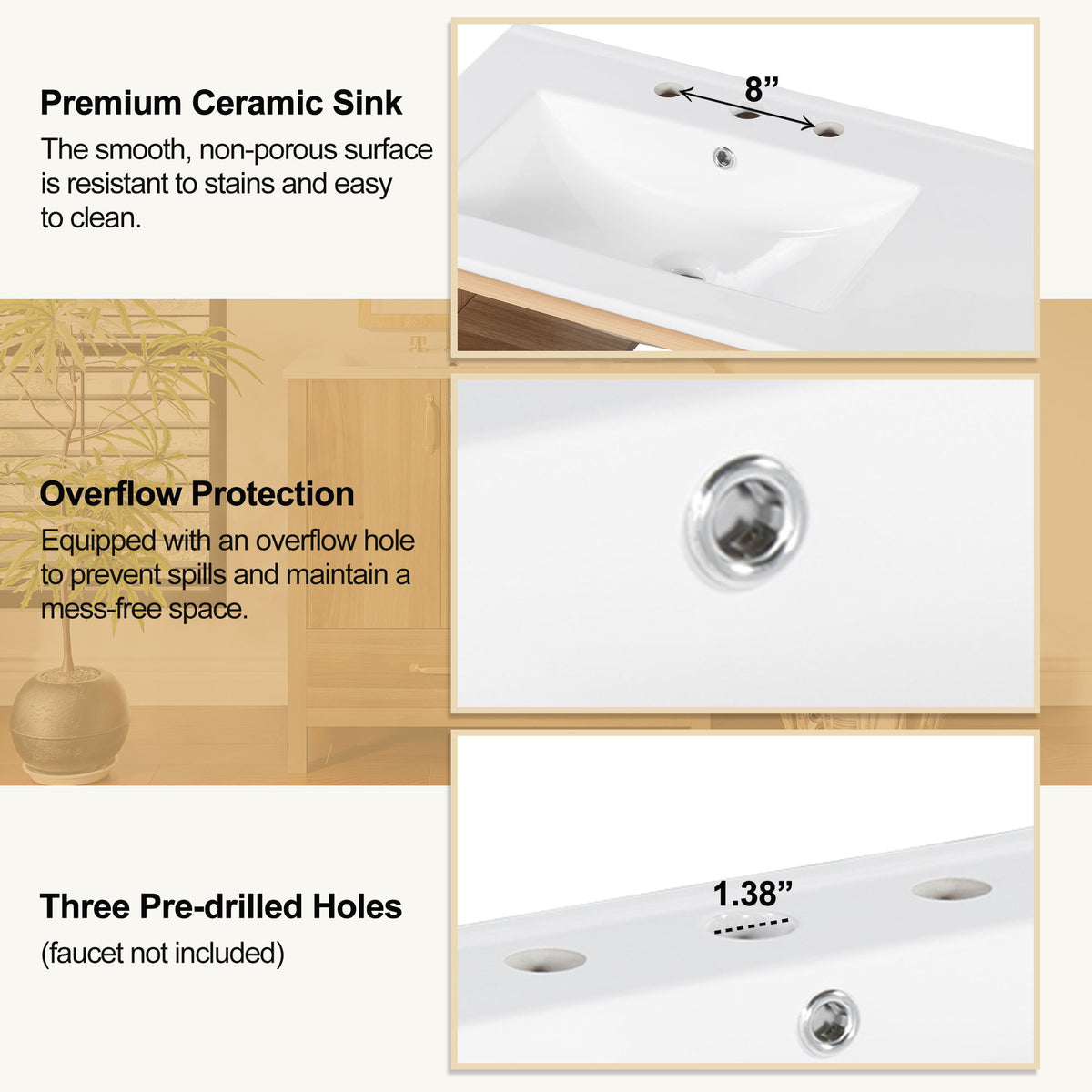 36" Bathroom Vanity, 2 Soft Close Doors, 4 Soft Close Drawers, Adjustable Shelf, Storage Cabinet - Acacia Wood