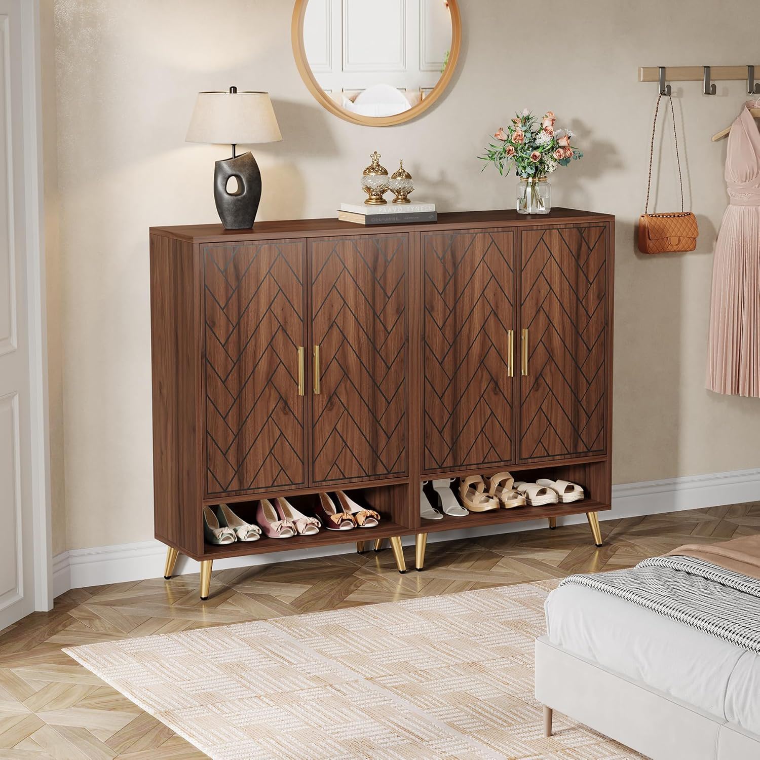 6 Tier Wooden Entryway Shoe Cabinet, Wide Storage Unit For 24 Pairs Of Shoes - Walnut
