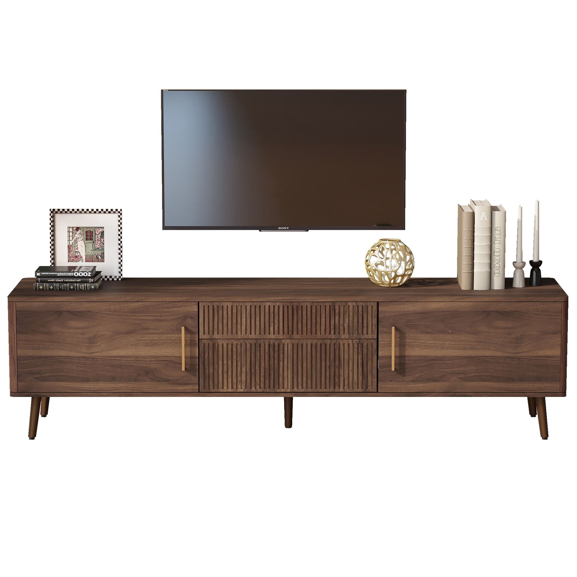 TV Stand With 2 Drawers, Media Console Table For TVs Up To 80'' For Living Room - Walnut