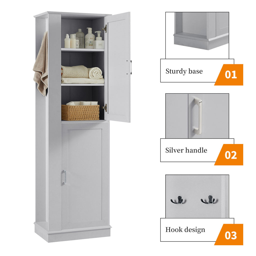 Tall Freestanding Bathroom Storage Cabinet With Adjustable Shelves And Side Hooks