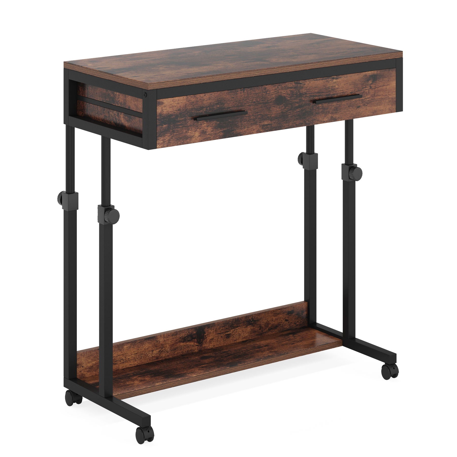 Portable Laptop Desk With Drawer & Wheels, Height Adjustable, Storage Shelf - Brown / Black