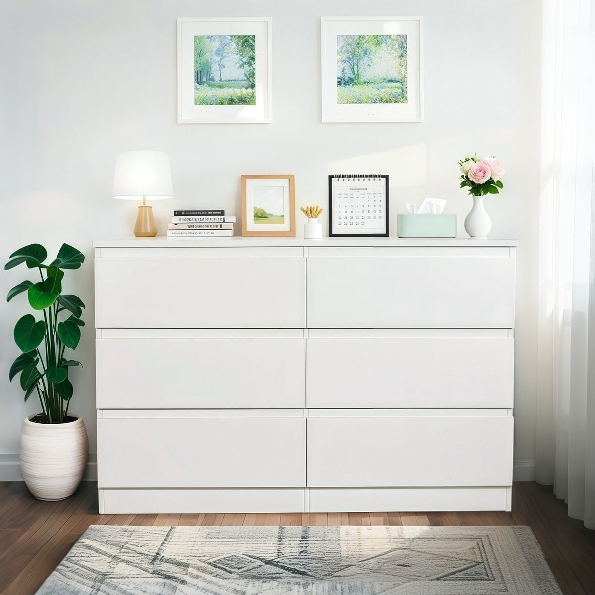 6 Drawer Dresser With Spacious Countertop And Concealed Handles