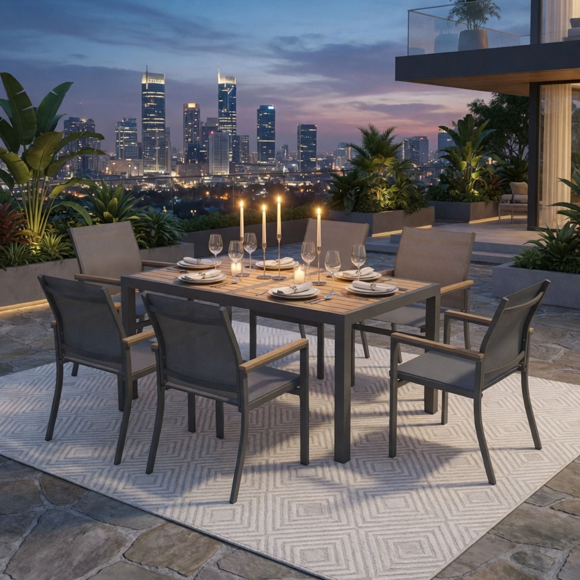 7 Piece Gray Aluminum Patio Dining Set With Textilene Chairs For Outdoor Living Frame With Accents, 59" Rectangle Table, All Weather Durable