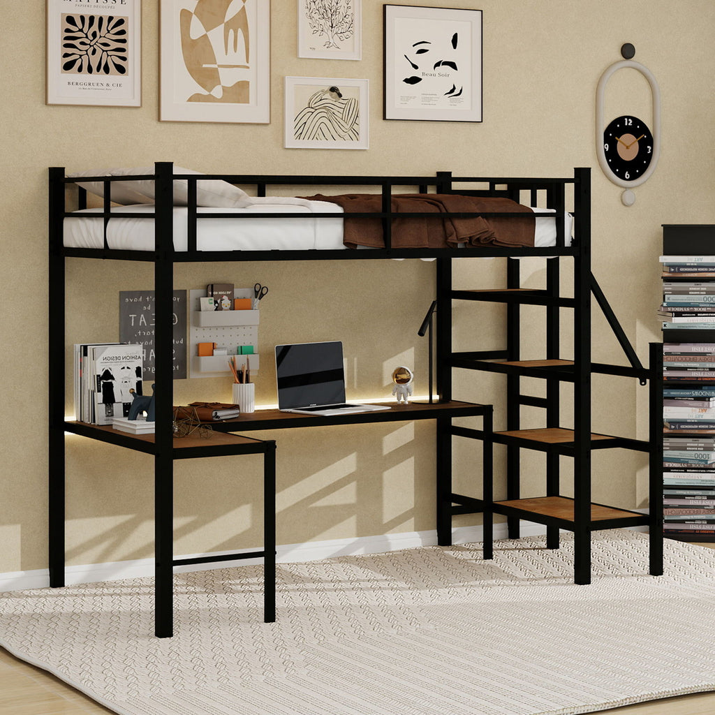 Loft Bed & L-Shaped Desk, Large Storage Space
