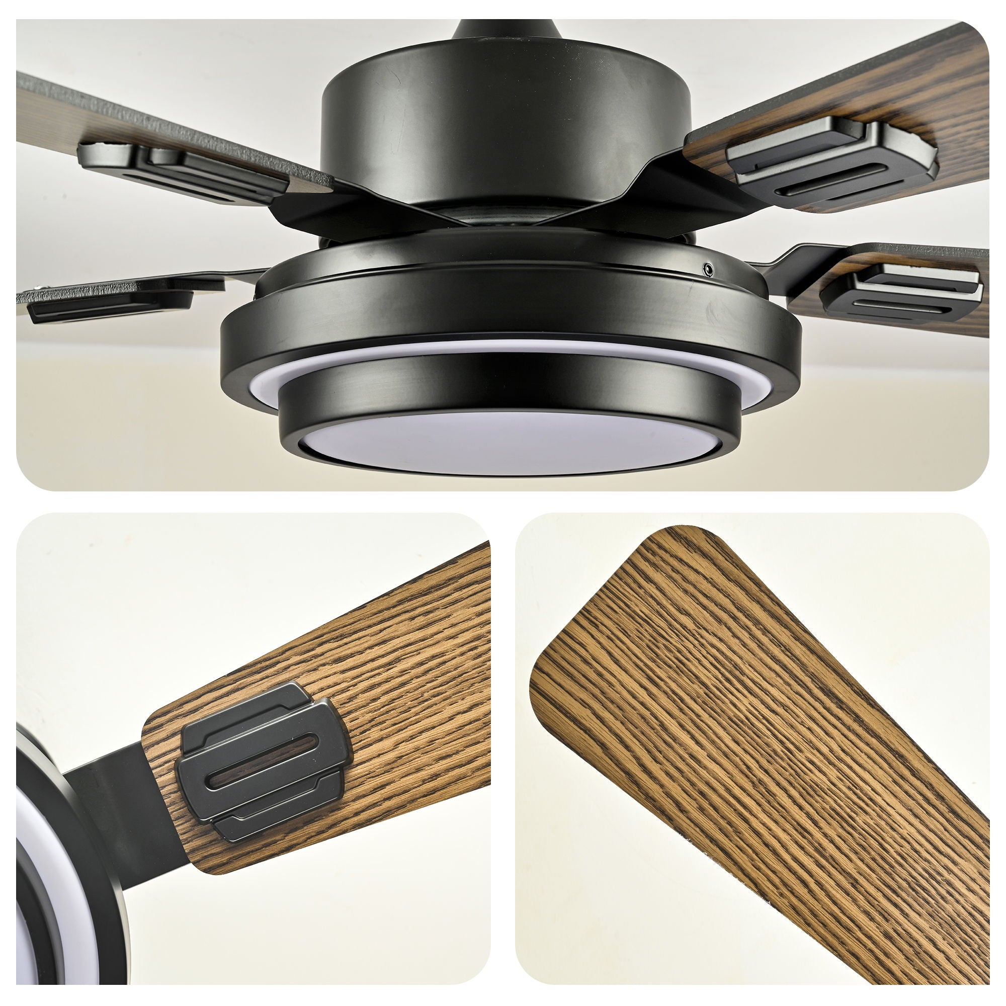 5 Blades Ceiling Fan With LED Light 3000 - 6500K Dimmable, 6 Speed Levels, Reversible Ceiling Fan - Matte Black