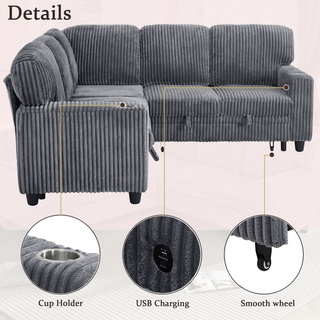 L-Shaped Sectional Sofa Bed With Pull Out Bed & Storage, 5 Seat Sleeper Couch With USB Charging For Living Room - Gray