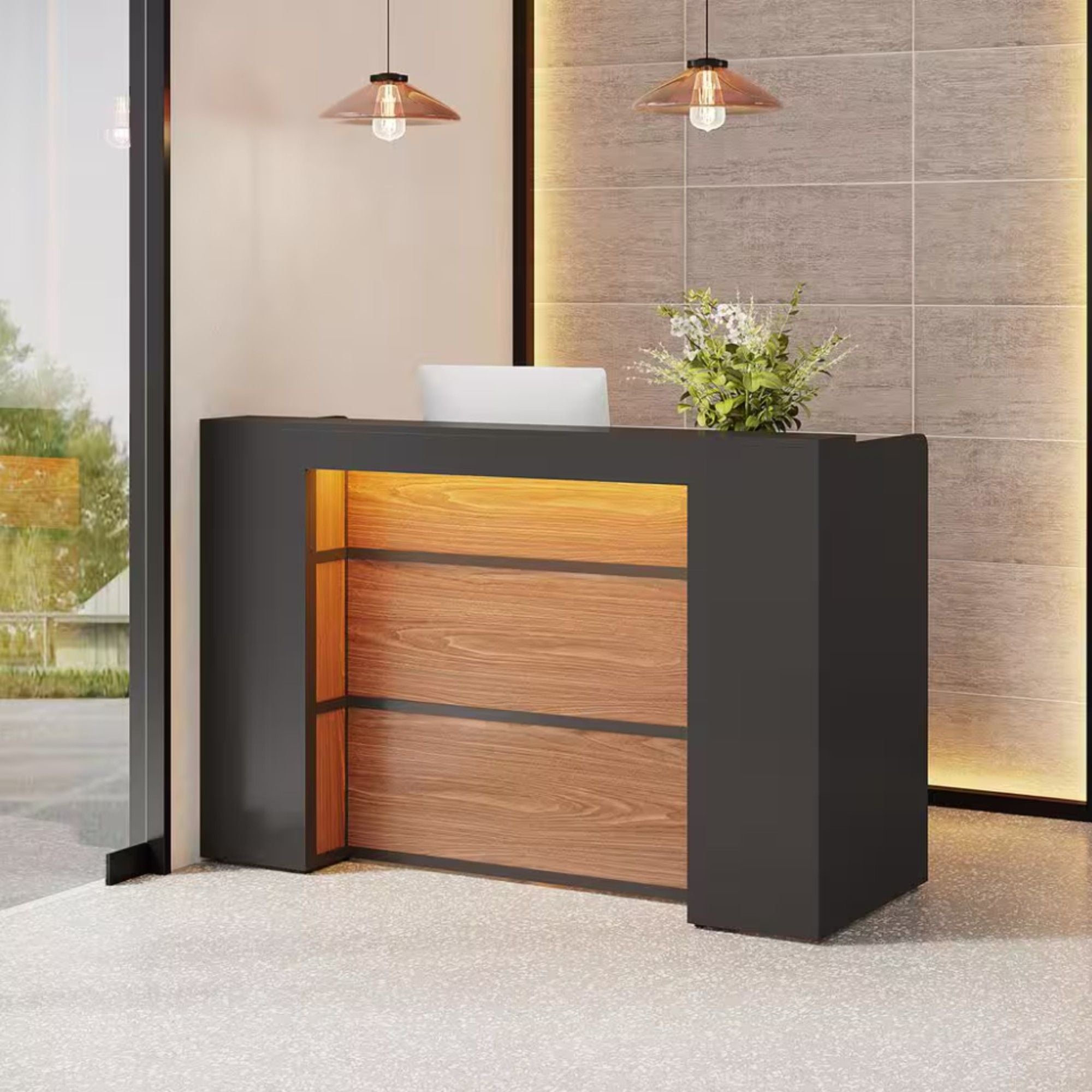Reception Desk With LED Lights For Office - Black