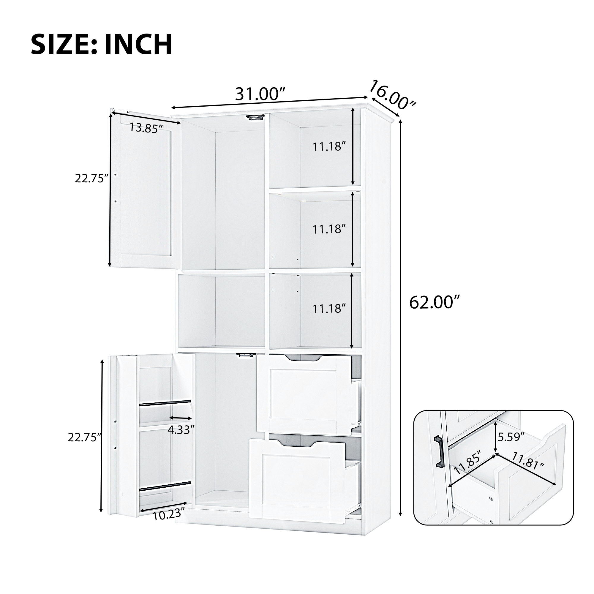 Freestanding Bathroom Storage Cabinet With Doors And Drawers, Adjustable Shelf, Open Shelves - White