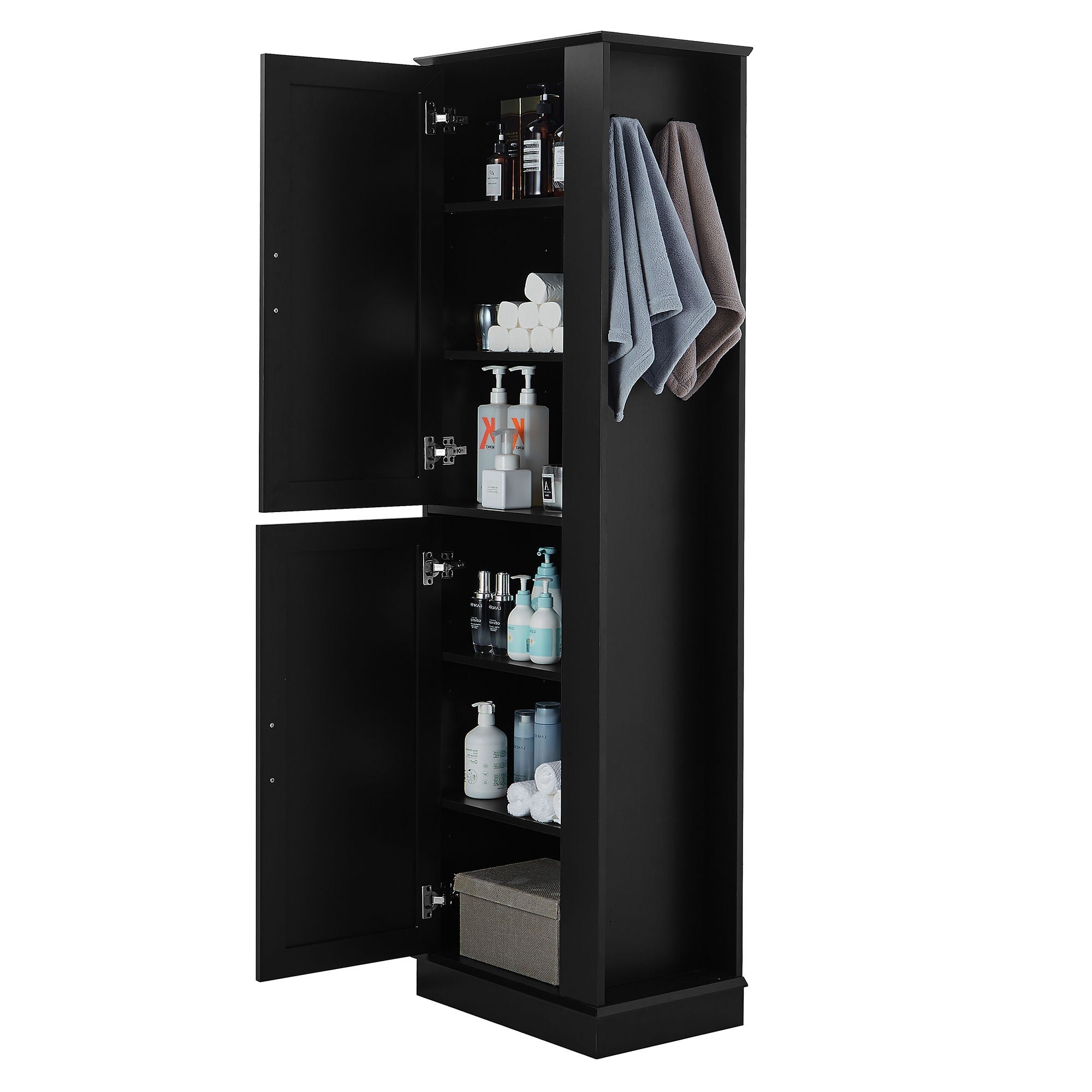 Tall Freestanding Bathroom Storage Cabinet With Adjustable Shelves And Side Hooks