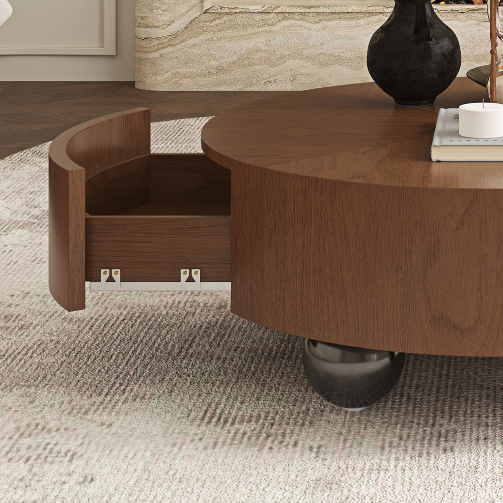 Drum Shaped Coffee Table With Hidden Storage Drawer, Low Profile For Living Room - Walnut