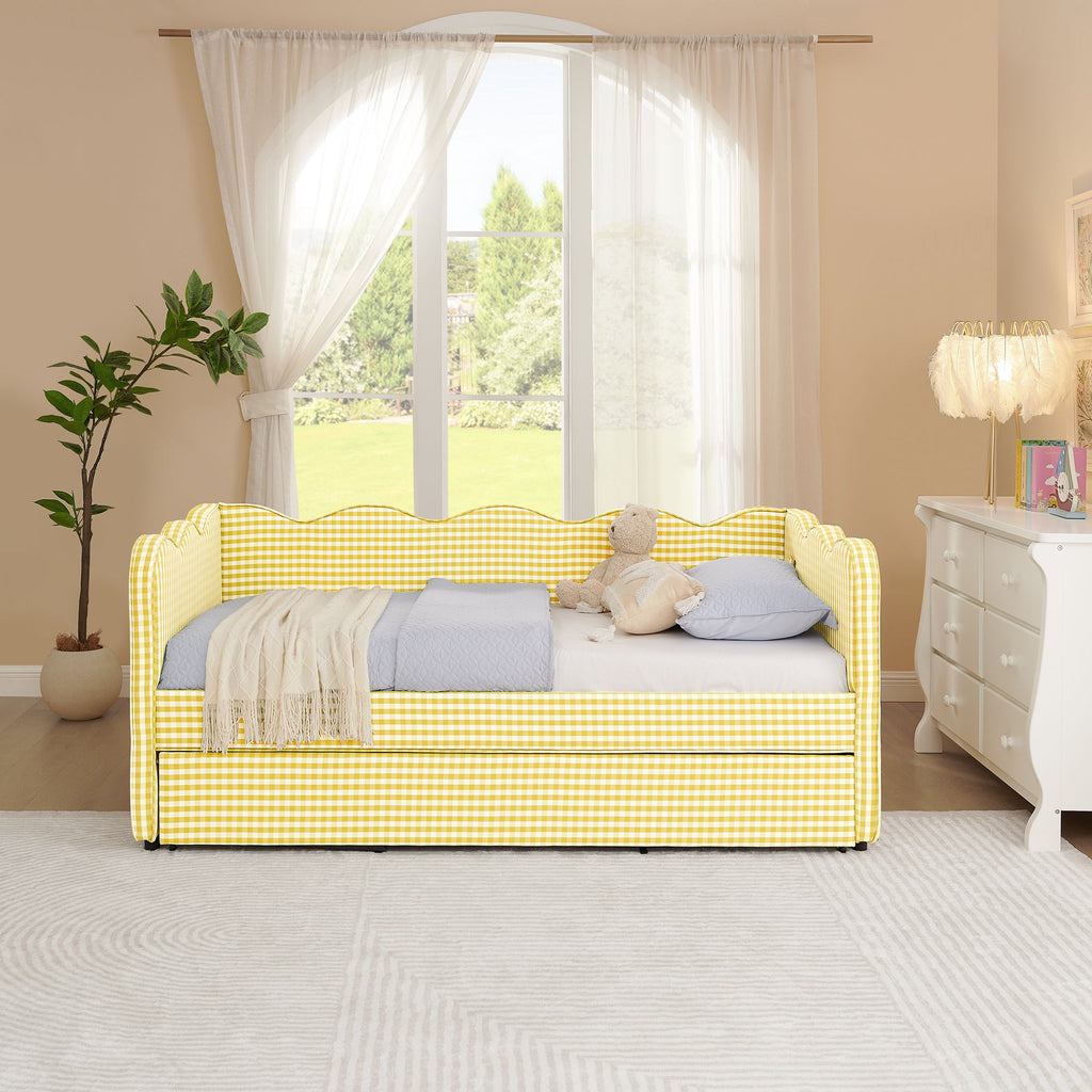 Gingham Daybed With USB Charging Port, Wave-Shaped Design