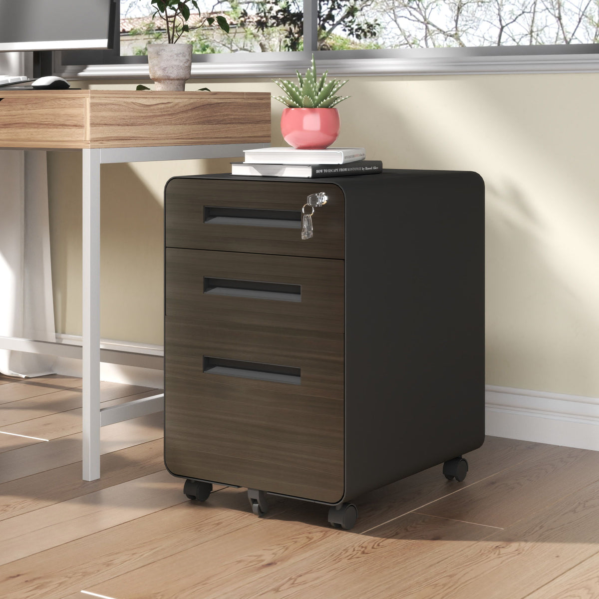 3-Drawer Mobile File Cabinet With Lock, On Casters, Holds A4/Letter Files