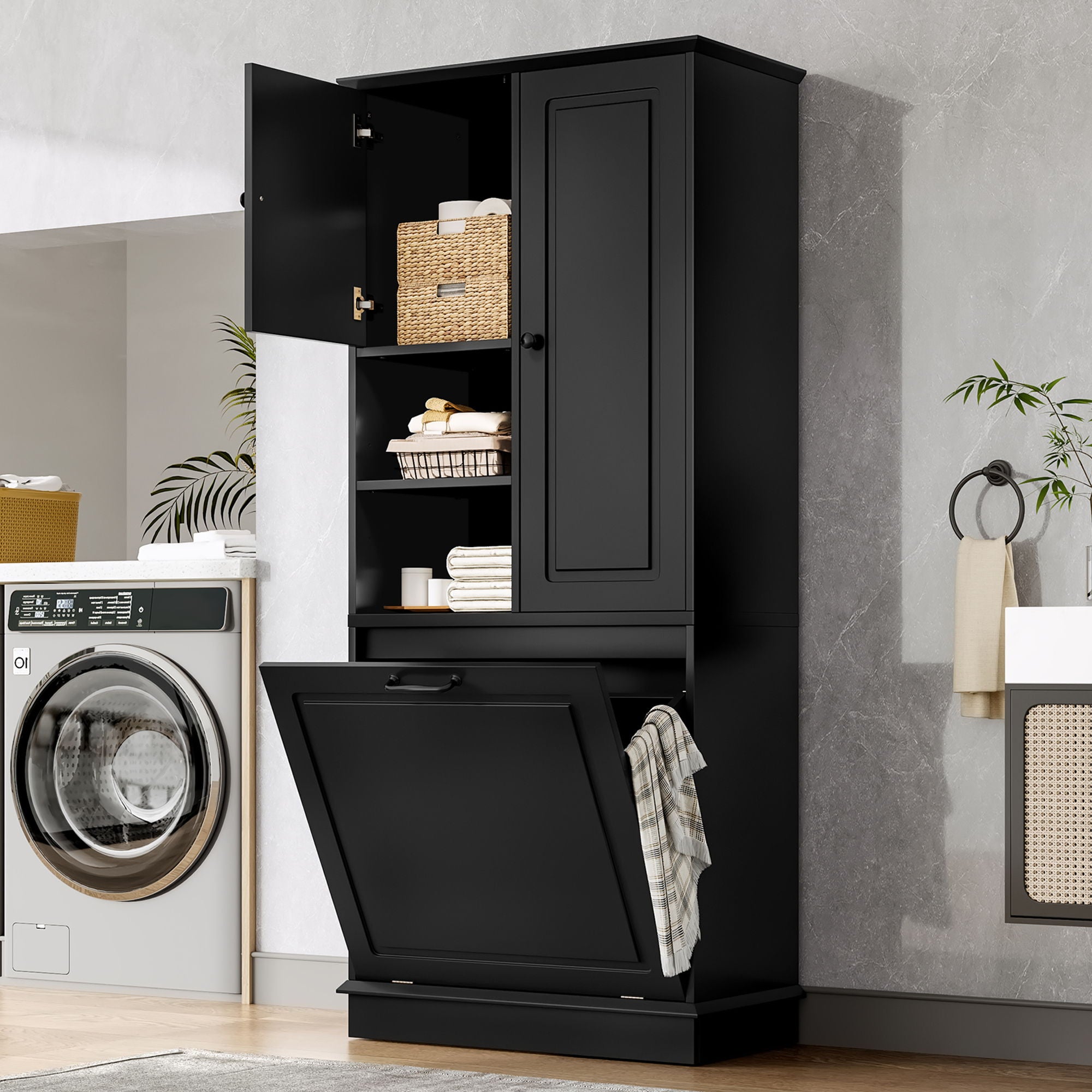 Modern Tall Storage Cabinet With Adjustable Shelves, Flip-Out Basket & Enclosed Doors