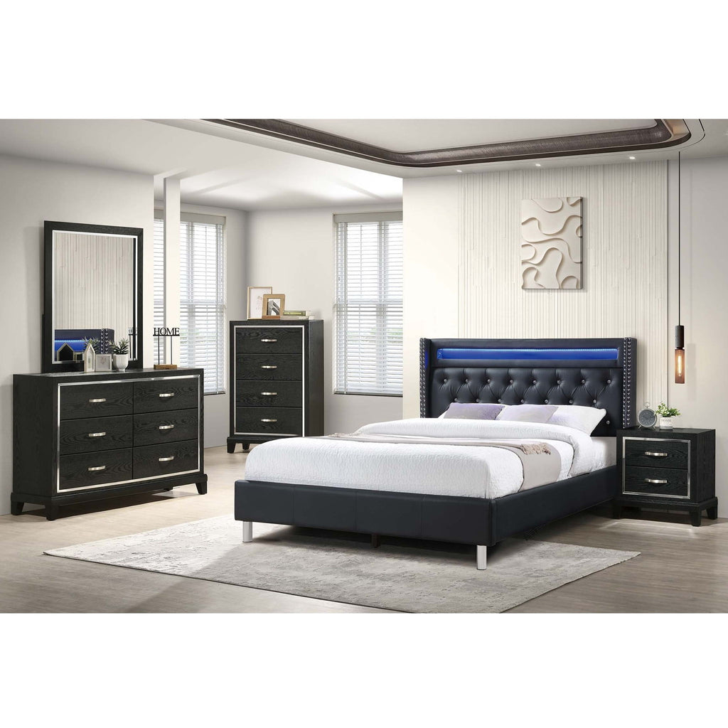 Modern Bed With LED Lights, Charging Port, Tufted Headboard
