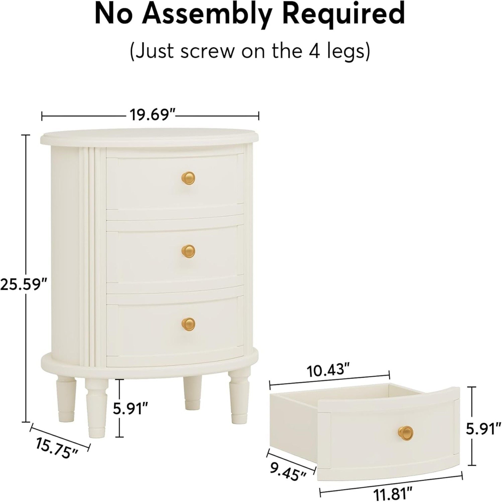 Oval Nightstand With 3 Drawers, Bedside Table - White