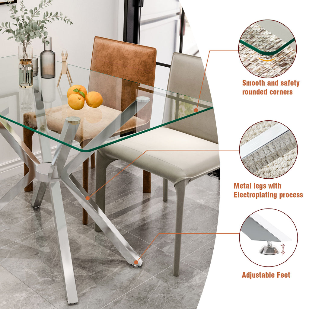 Rectangular Clear Tempered Glass Dining Table, Stylish Design With Plated Metal Legs