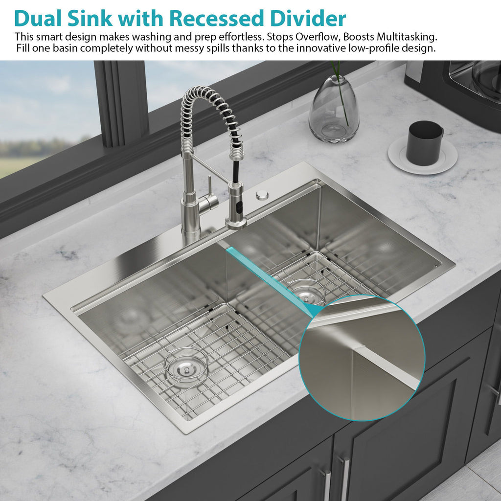 Topmount Drop In Kitchen Sink, Double Bowl Stainless Steel - Brushed Nickel