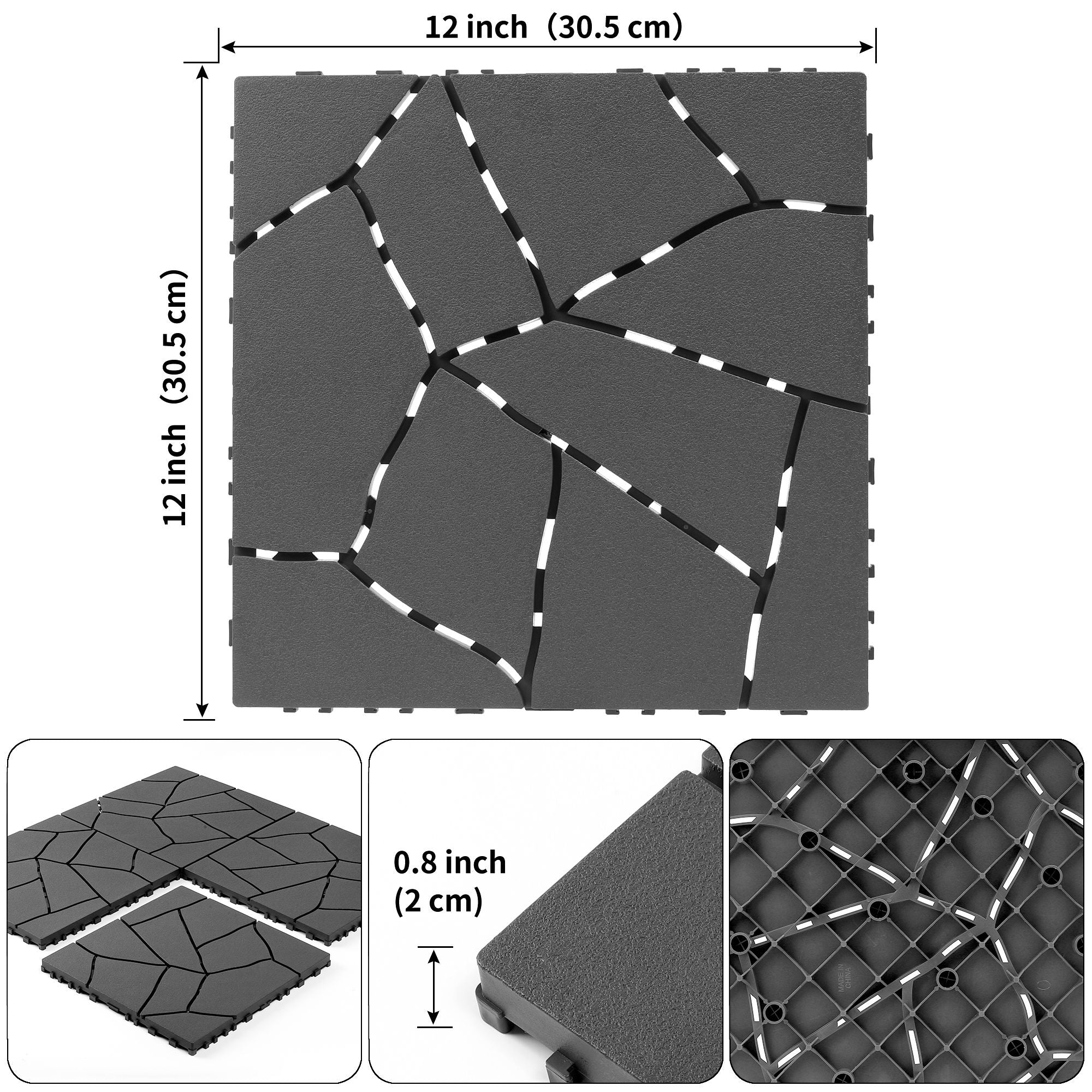 Stone Style Patio Deck Tiles, Diy Interlocking Outdoor Indoor Floor Tiles (Set of 44) - Dark Gray