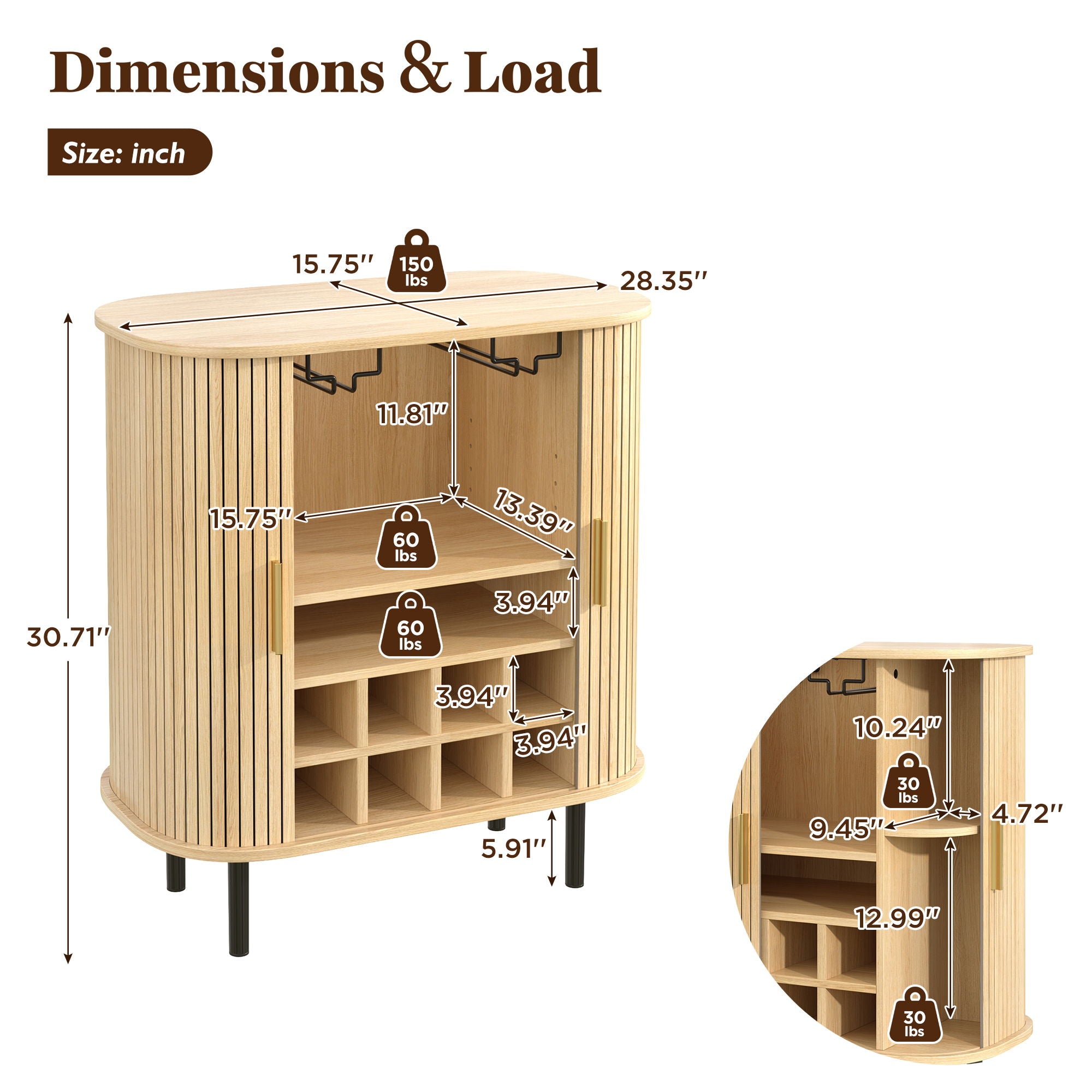 Fluted Wine Bar Cabinet With 8 Grid Wine Rack, 5 Level Adjustable Shelves, 2 Glass Holders