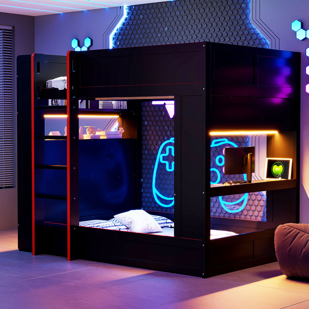 Full Size Gaming Bunk Bed With Desk, Storage Shelves, LED And Charging Station - Black