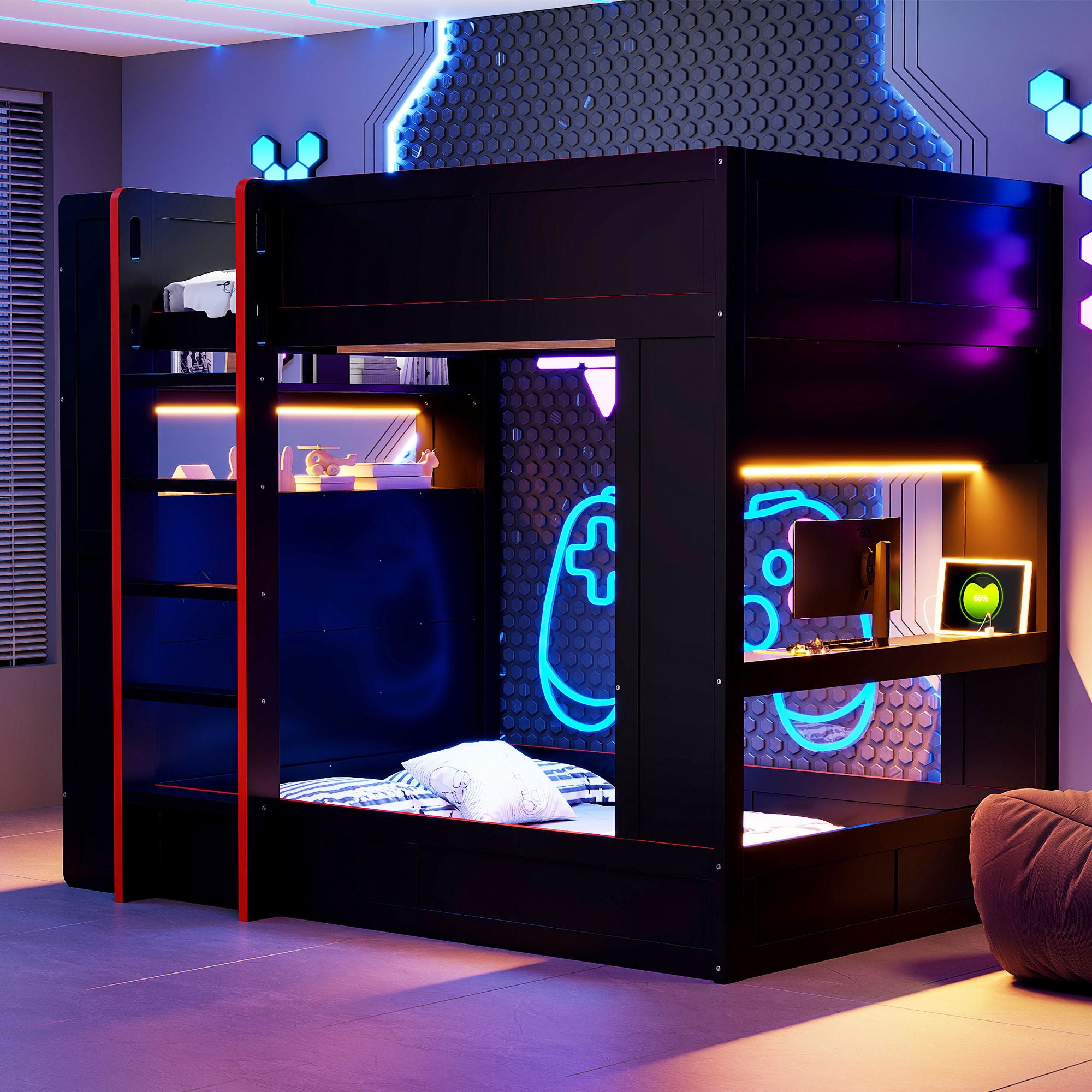 Full Size Gaming Bunk Bed With Desk, Storage Shelves, LED And Charging Station - Black