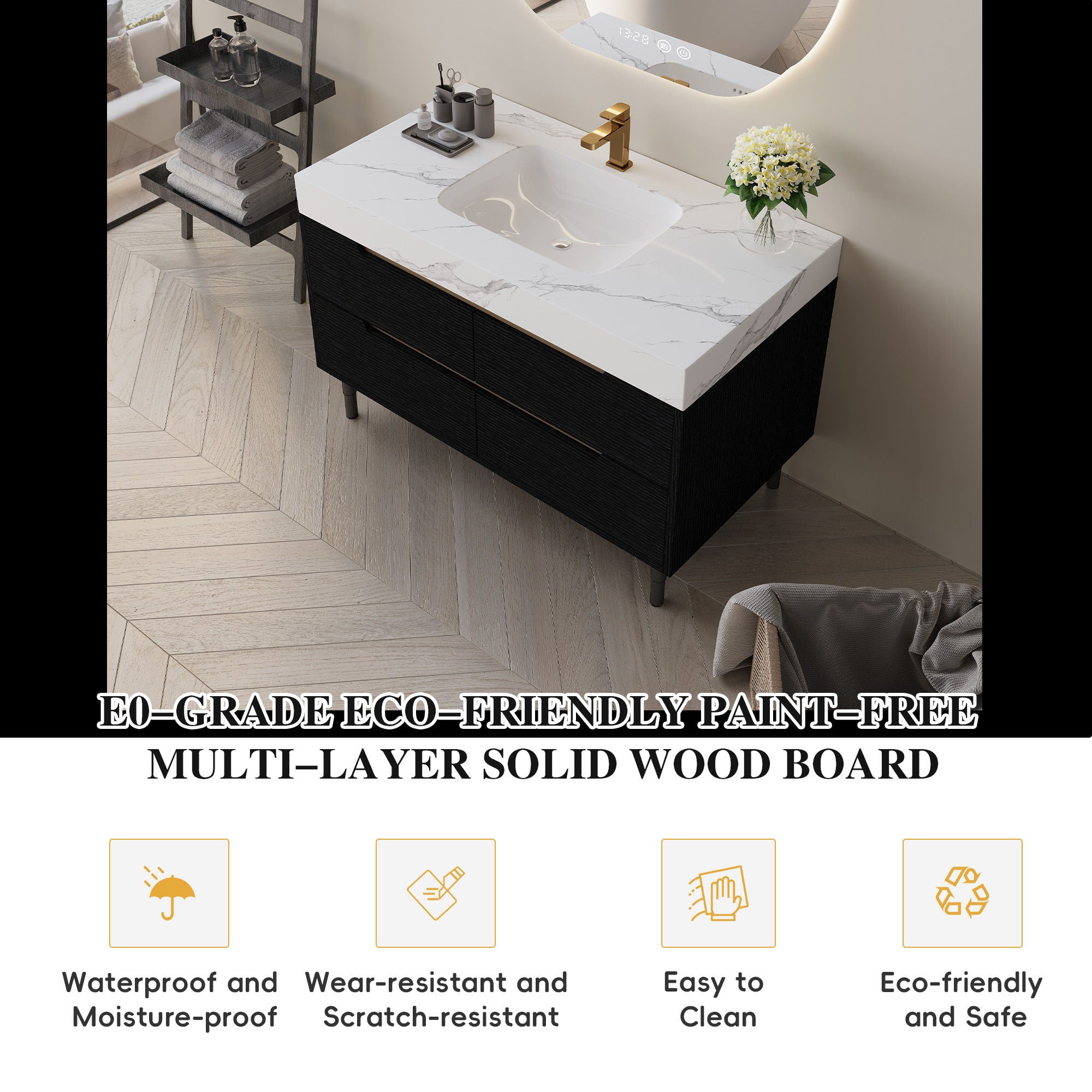 Bathroom Vanity With Undermount Sink, 4 Drawers Storage, Free Standing / Wall Mounted - Black / White
