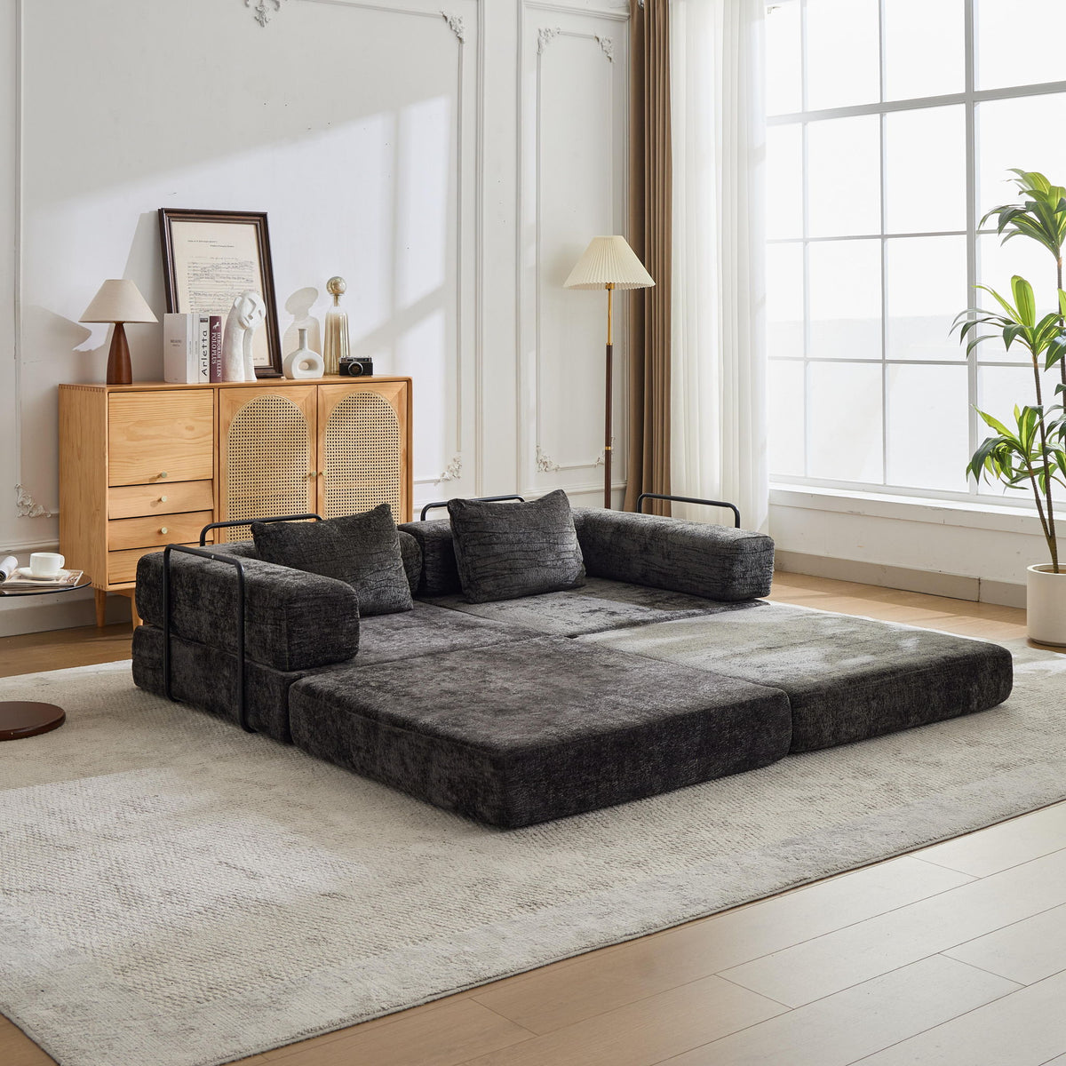 Convertible Floor Sofa Bed With Pillow Back Support Armrest