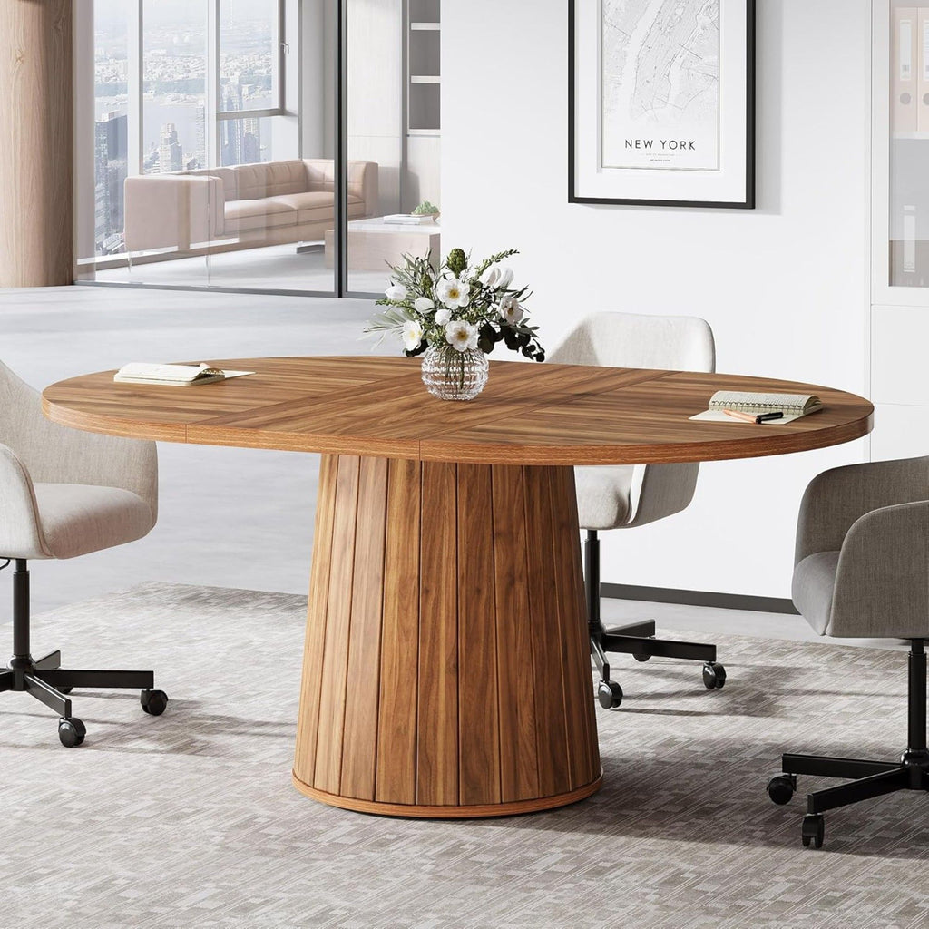 Oval Conference Table, Meeting Room Table With Cylindrical Base - Brown